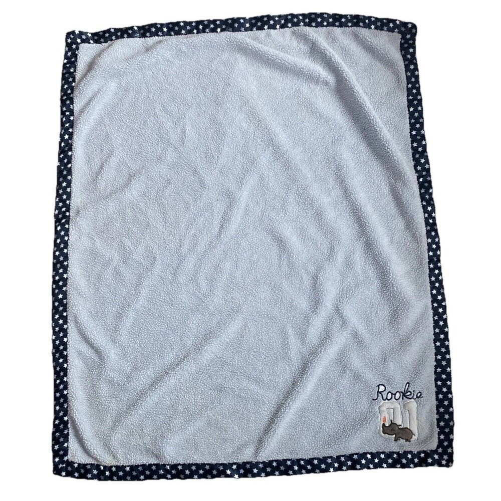 Carter's Child of Mine ROOKIE 01 Blue Sherpa Plush Baby Blanket Rhino Stars Trim